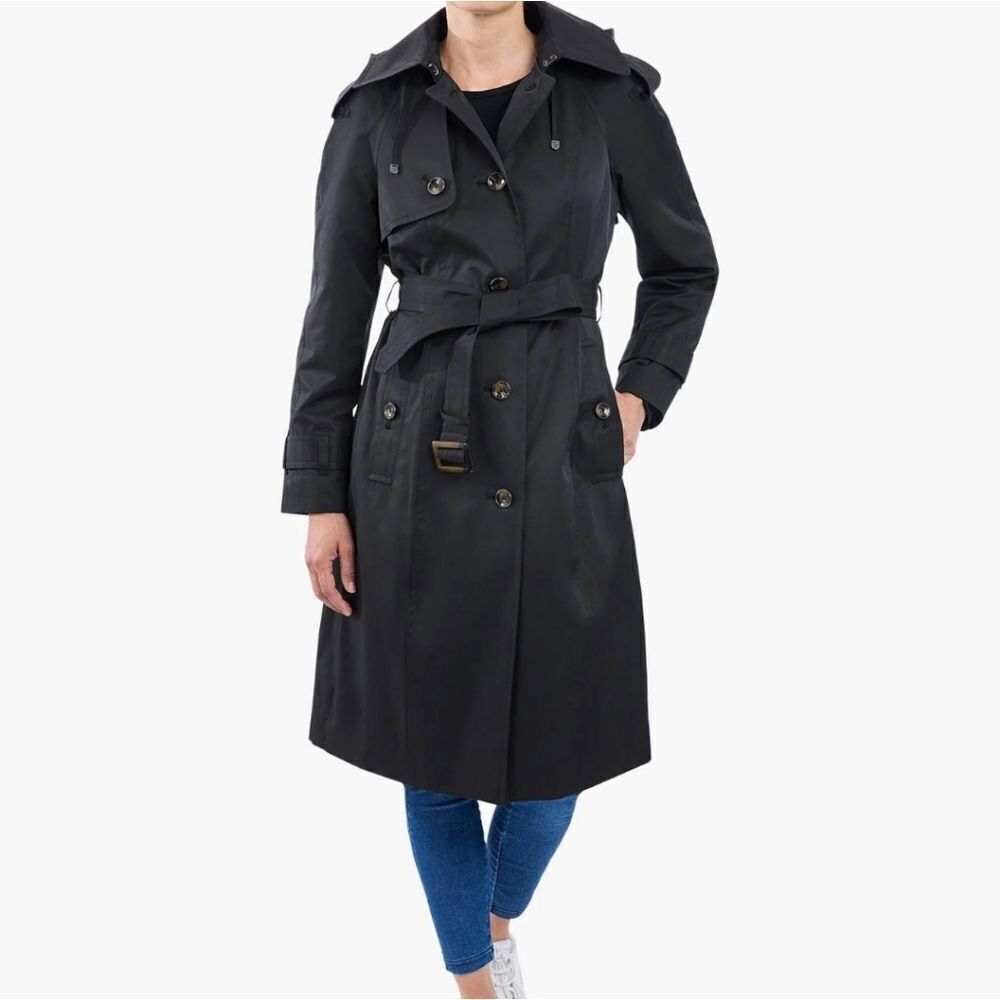 Silverleaf 90s Shiny Black Belted Trench Rain Jacket, sleek and fashionable - Picture 3 of 9